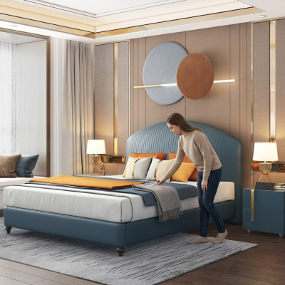 Letto Imbottito Design di Lusso in Metallo Letti Matrimoniali Camera da Letto Blu