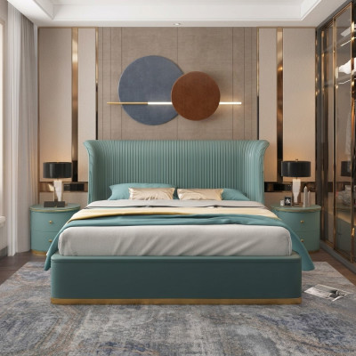 Camera da letto di lusso Letto Matrimoniale Tessuto Legno Pelle Letti Imbottiti 180x200 Nuovo