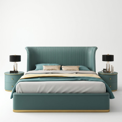 Camera da letto di lusso Letto Matrimoniale Tessuto Legno Pelle Letti Imbottiti 180x200 Nuovo