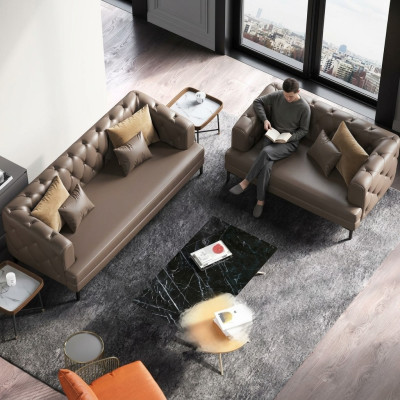 Set di divani Chesterfield marroni 3+2 posti 2 pezzi. Set di cuscini decorativi per divani designer.