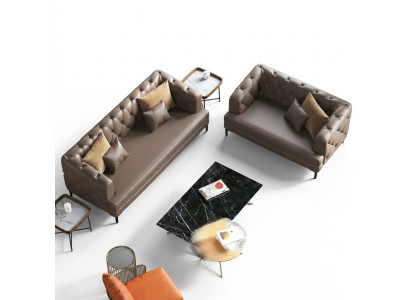 Set di divani Chesterfield marroni 3+2 posti 2 pezzi. Set di cuscini decorativi per divani designer.