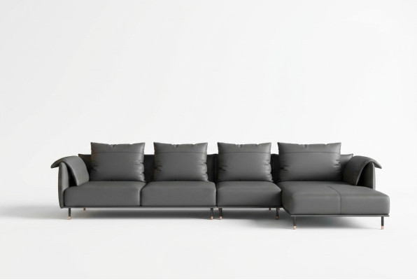 Divano angolare con rivestimento in pelle grigia a forma di L con design imbottito.