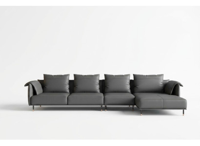 Divano angolare con rivestimento in pelle grigia a forma di L con design imbottito.