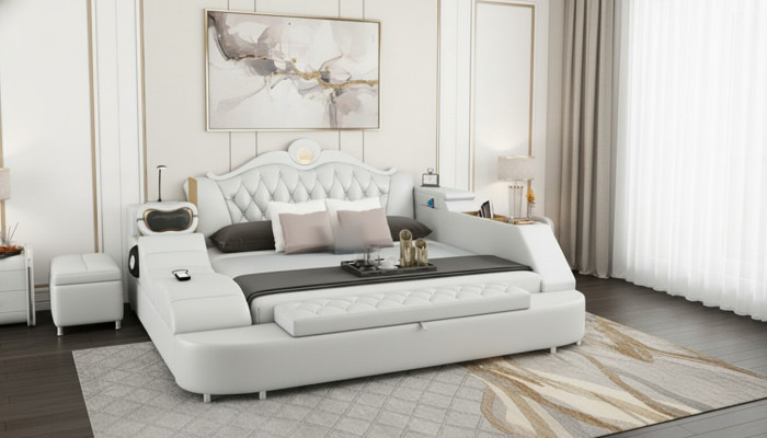 Letto di lusso Letti in pelle 180x200 Camera da letto multifunzione Ripiani Nuovo