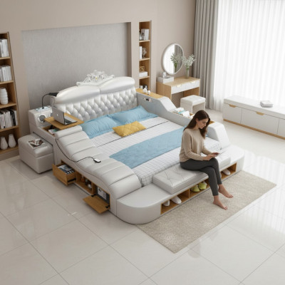 Doppio letto in pelle di design di lusso in albergo, letti imbottiti moderni multifunzionali.
