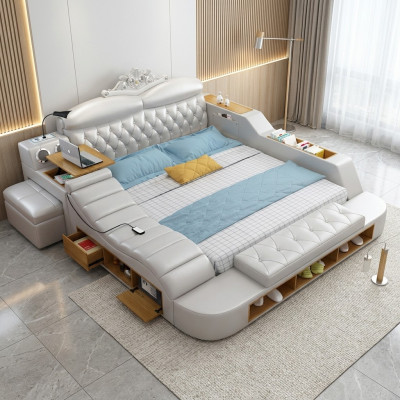 Doppio letto in pelle di design di lusso in albergo, letti imbottiti moderni multifunzionali.