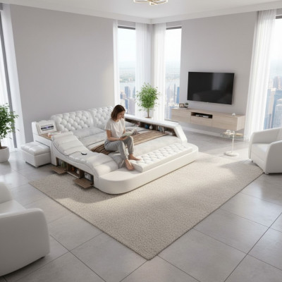 Lussuoso letto matrimoniale multifunzione imbottito con letto ad acqua 180x200, radio USB e musica.