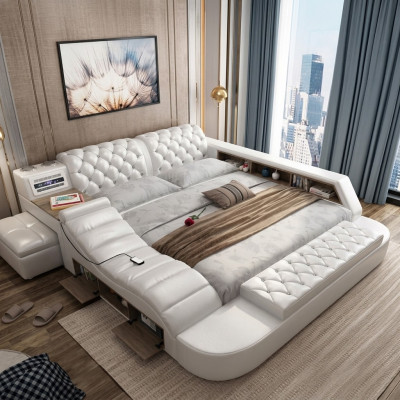 Lussuoso letto matrimoniale multifunzione imbottito con letto ad acqua 180x200, radio USB e musica.