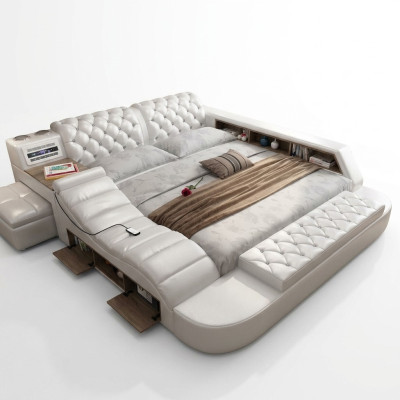 Lussuoso letto matrimoniale multifunzione imbottito con letto ad acqua 180x200, radio USB e musica.