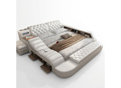Lussuoso letto matrimoniale multifunzione imbottito con letto ad acqua 180x200, radio USB e musica.