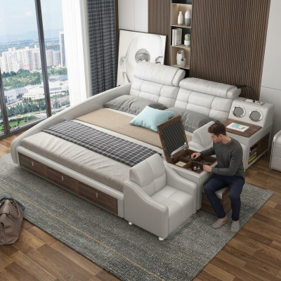 Letto multifunzionale di lusso in pelle design hotel con doppio scaffale.