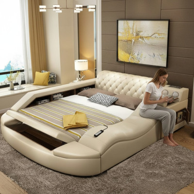 Letto multifunzionale di lusso con design in pelle per hotel con doppio ripiano.
