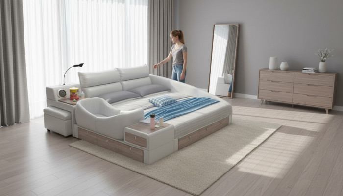 Letto multifunzione con scaffale, armadio, stazione di ricarica USB, letto matrimoniale in pelle.