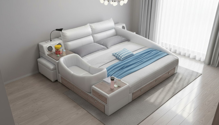Letto multifunzione con scaffale, armadio, stazione di ricarica USB, letto matrimoniale in pelle.