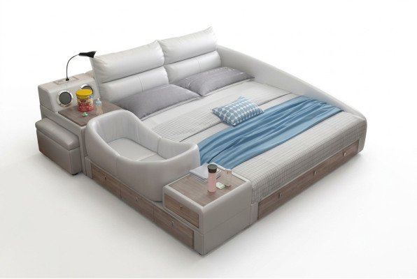 Letto multifunzione con scaffale, armadio, stazione di ricarica USB, letto matrimoniale in pelle.