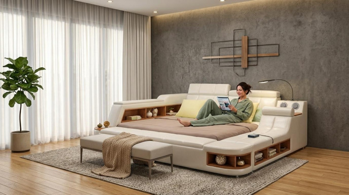Letto multifunzione di lusso in pelle con design, letto doppio da hotel con scaffale a doppia mensola.