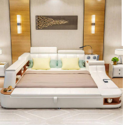 Letto multifunzione di lusso in pelle con design, letto doppio da hotel con scaffale a doppia mensola.