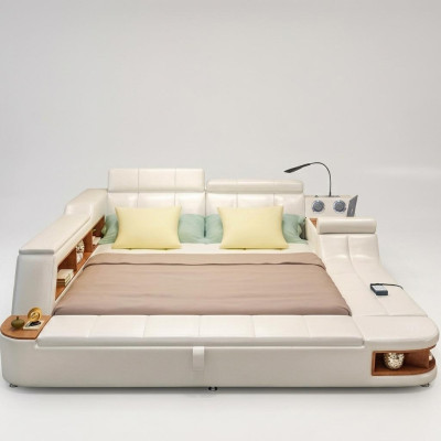 Letto multifunzione di lusso in pelle con design, letto doppio da hotel con scaffale a doppia mensola.