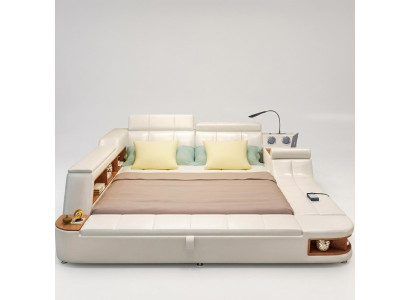 Letto multifunzione di lusso in pelle con design, letto doppio da hotel con scaffale a doppia mensola.