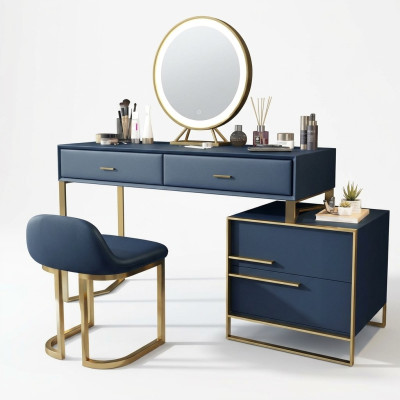 Tavolo trucco, specchio, sgabello, set completo, comò, camera da letto.