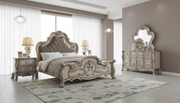 Letto barocco con 2 comodini 3 pezzi. Set da camera da letto di design di lusso.
