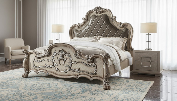 Lusso Barocco Letto matrimoniale in legno argentato design 200x200cm Imbottitura Camera da letto Nuovo
