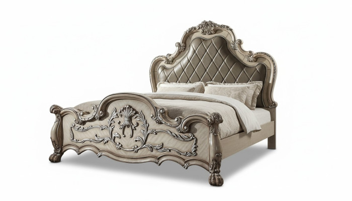 Lusso Barocco Letto matrimoniale in legno argentato design 200x200cm Imbottitura Camera da letto Nuovo