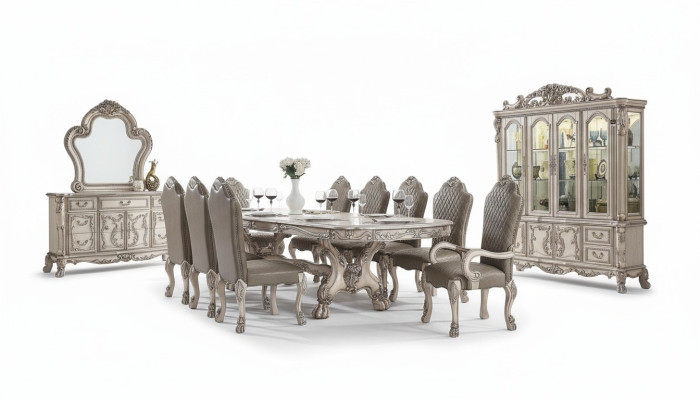 Sala da pranzo completo con tavolo, credenza, set di 10 sedie, vetrina, stile barocco, 14 pezzi.