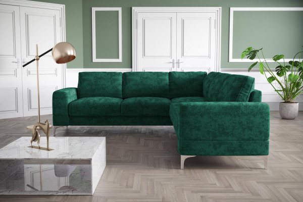 Divano a angolo in tessuto design moderno per soggiorno a forma di L, blu turchese, mobili di lusso.