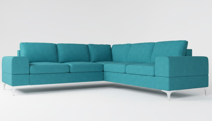 Divano a angolo in tessuto design moderno per soggiorno a forma di L, blu turchese, mobili di lusso.