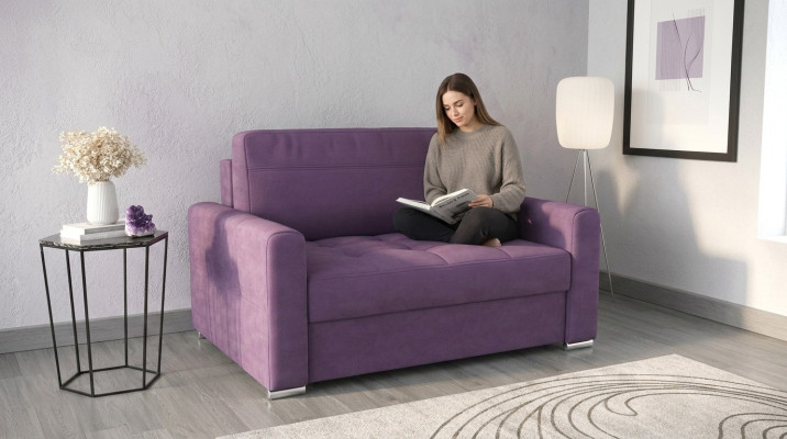 Poltrona relax in tessuto per lounge club con design imbottito, divano a due posti di lusso di colore viola, nuovo.