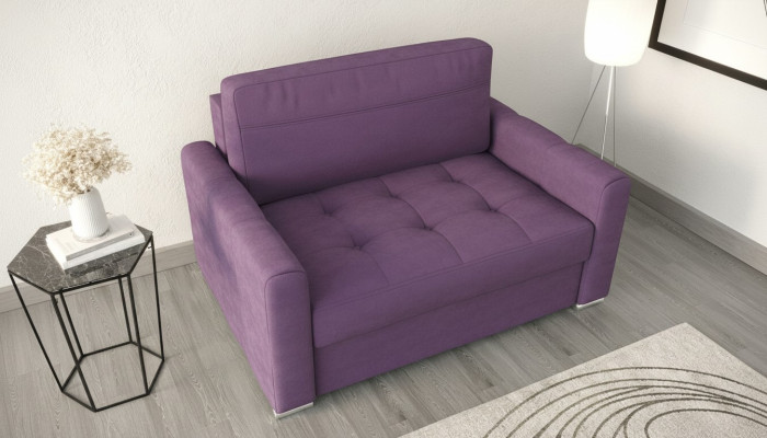 Poltrona relax in tessuto per lounge club con design imbottito, divano a due posti di lusso di colore viola, nuovo.
