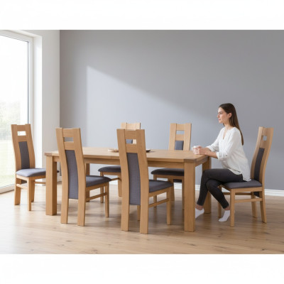Set completo di 8 sedie da designer per sala da pranzo con schienale e seduta imbottiti in tessuto.   Set completo di 8 sedie da designer per sala da pranzo con schienale e seduta imbottiti in tessuto.