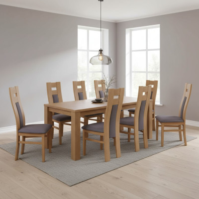 Set completo di 8 sedie da designer per sala da pranzo con schienale e seduta imbottiti in tessuto.   Set completo di 8 sedie da designer per sala da pranzo con schienale e seduta imbottiti in tessuto.