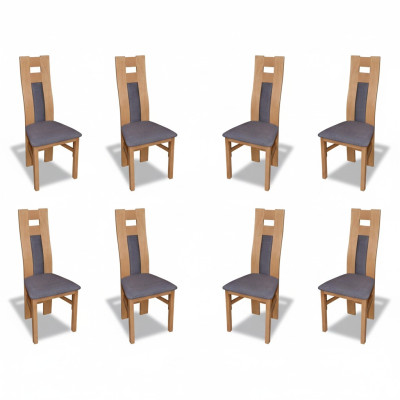 Set completo di 8 sedie da designer per sala da pranzo con schienale e seduta imbottiti in tessuto.   Set completo di 8 sedie da designer per sala da pranzo con schienale e seduta imbottiti in tessuto.