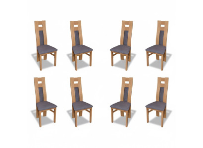 Set completo di 8 sedie da designer per sala da pranzo con schienale e seduta imbottiti in tessuto.   Set completo di 8 sedie da designer per sala da pranzo con schienale e seduta imbottiti in tessuto.