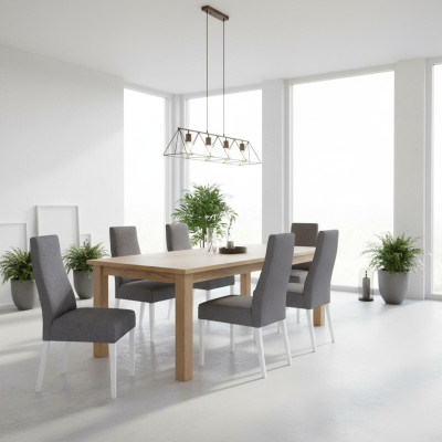 Gruppo di mobili da sala da pranzo in vero legno con seduta in velluto tessile, 6 sedie.