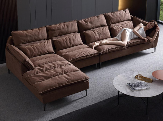Soggiorno Design Angolo Tessuto Pelle Marrone Divano di Lusso Sofa Imbottitura a L-Forma Nuovo