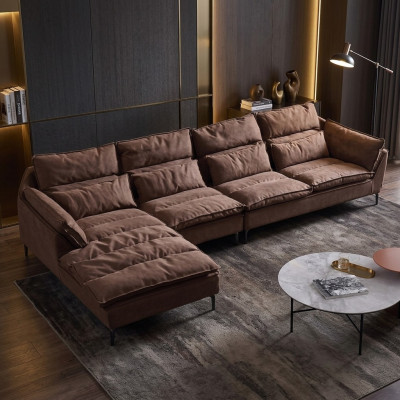 Soggiorno Design Angolo Tessuto Pelle Marrone Divano di Lusso Sofa Imbottitura a L-Forma Nuovo