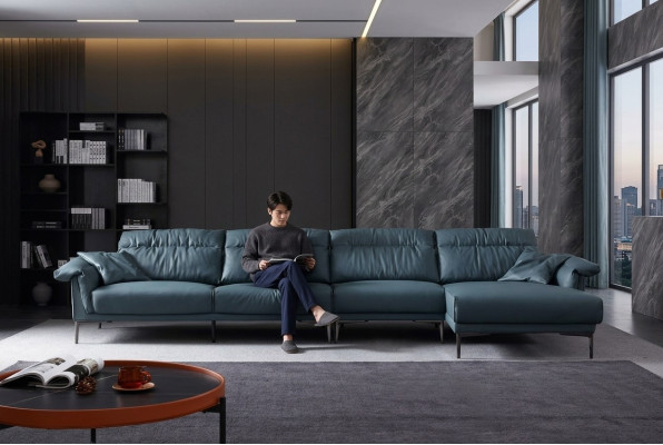 Soggiorno a L moderno ed elegante, design divano a forma di L, imbottitura.