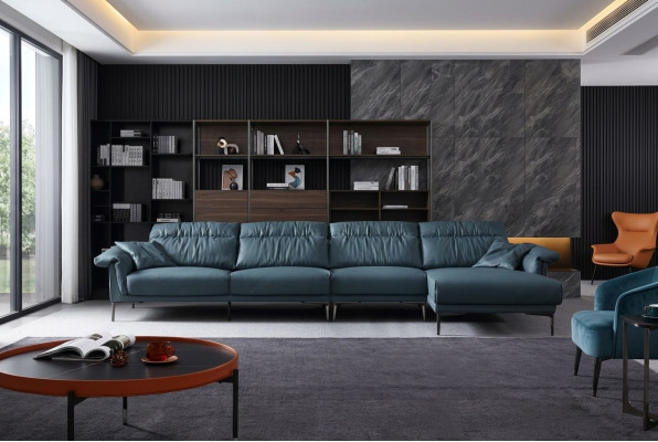 Soggiorno a L moderno ed elegante, design divano a forma di L, imbottitura.