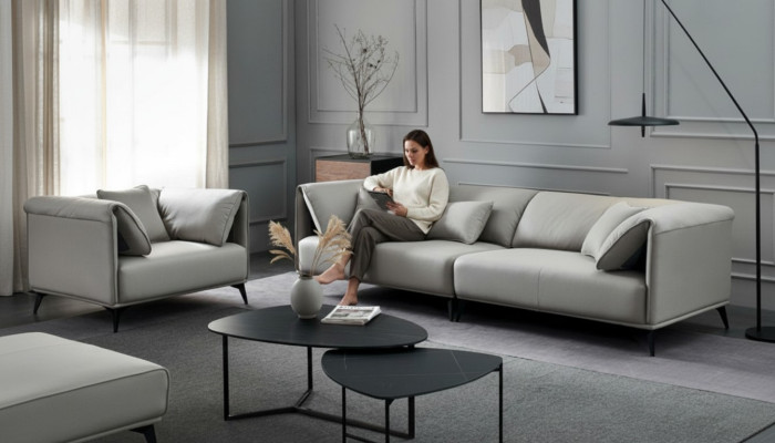 Divano per soggiorno a 4 posti in tessuto grigio design XXL.