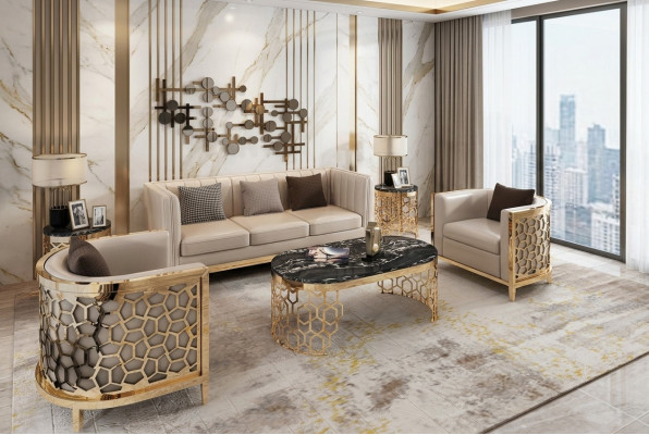 Design divani imbottiti in pelle relax moderni NUOVI Beige Set di sedili 3+1+1 place