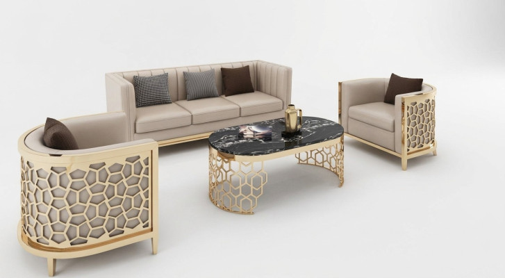 Design divani imbottiti in pelle relax moderni NUOVI Beige Set di sedili 3+1+1 place