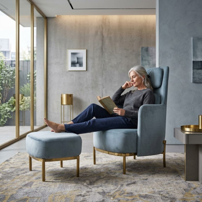 Poltrona Sedia Imbottitura TV Pelle Tessuto Grigio Design Lounge