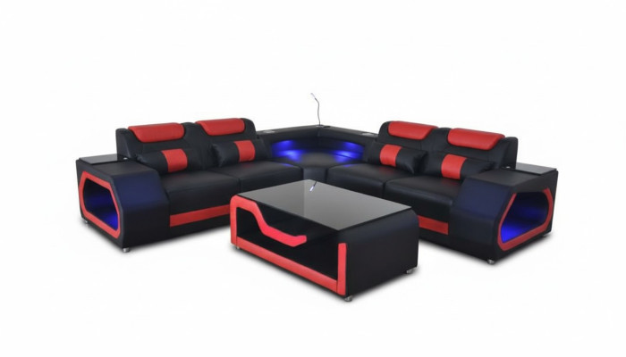 Sofà ad angolo in pelle e legno moderno L-Form per il salotto con imbottitura, nuovo.