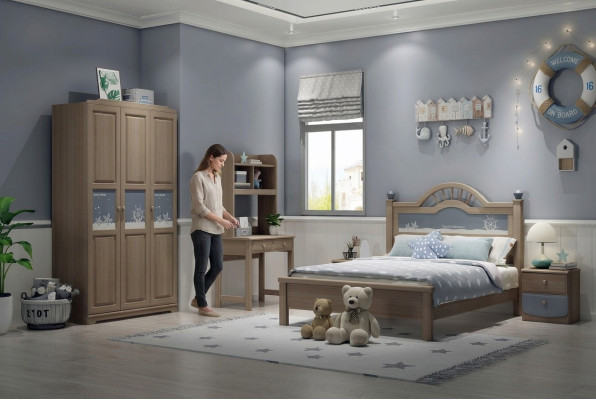 Set camera da letto per ragazzi moderna con armadio, letto, comodino e tavolo - 5 pezzi.