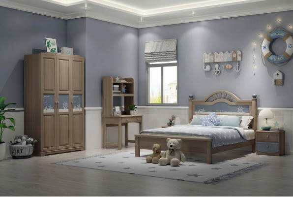 Set camera da letto per ragazzi moderna con armadio, letto, comodino e tavolo - 5 pezzi.