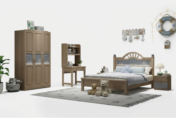 Set camera da letto per ragazzi moderna con armadio, letto, comodino e tavolo - 5 pezzi.