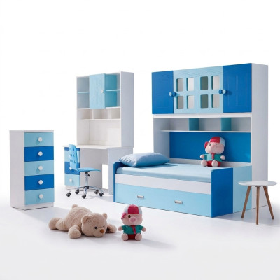 Stanza per bambini e ragazzi con tavolo, letto e comodino di design nuovo.